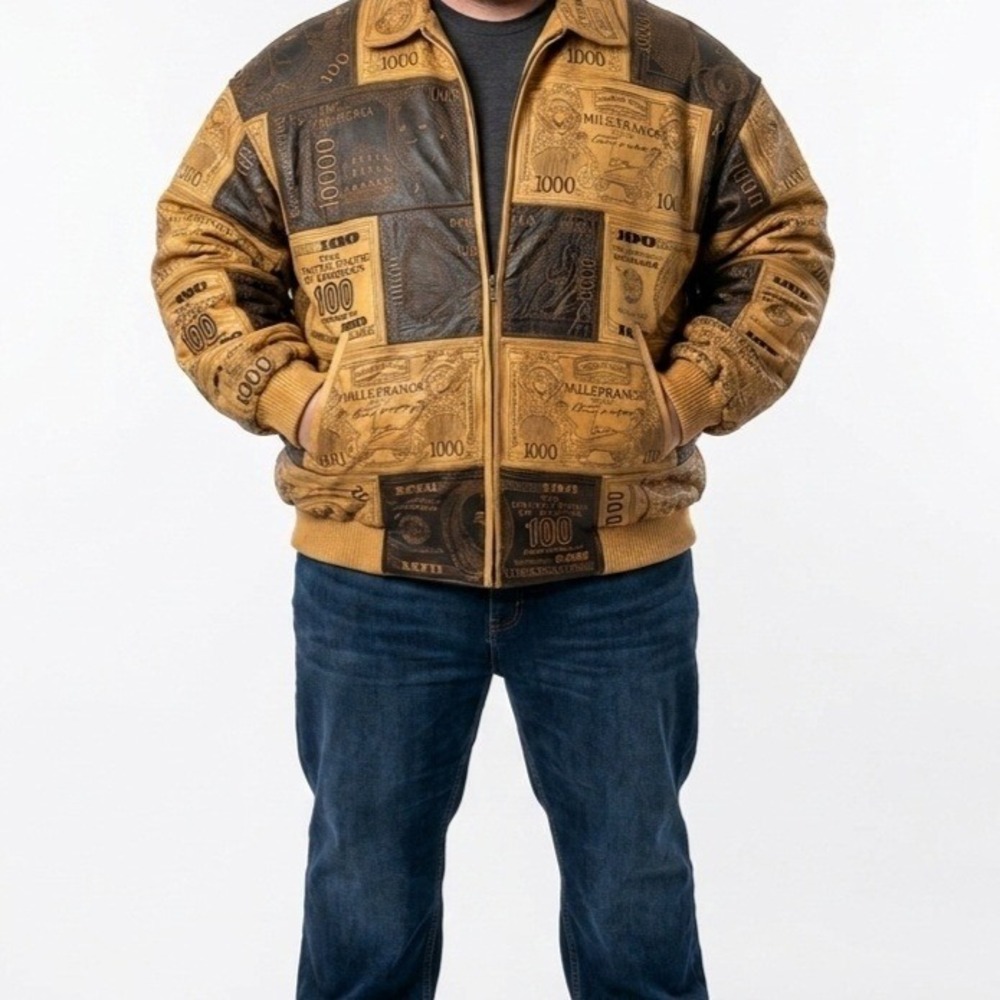 Vilanto Currency of the World Leather Bomber Jacket 5XL Brown Money Embroidered